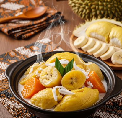 Warm durian kolak in a traditional bowl